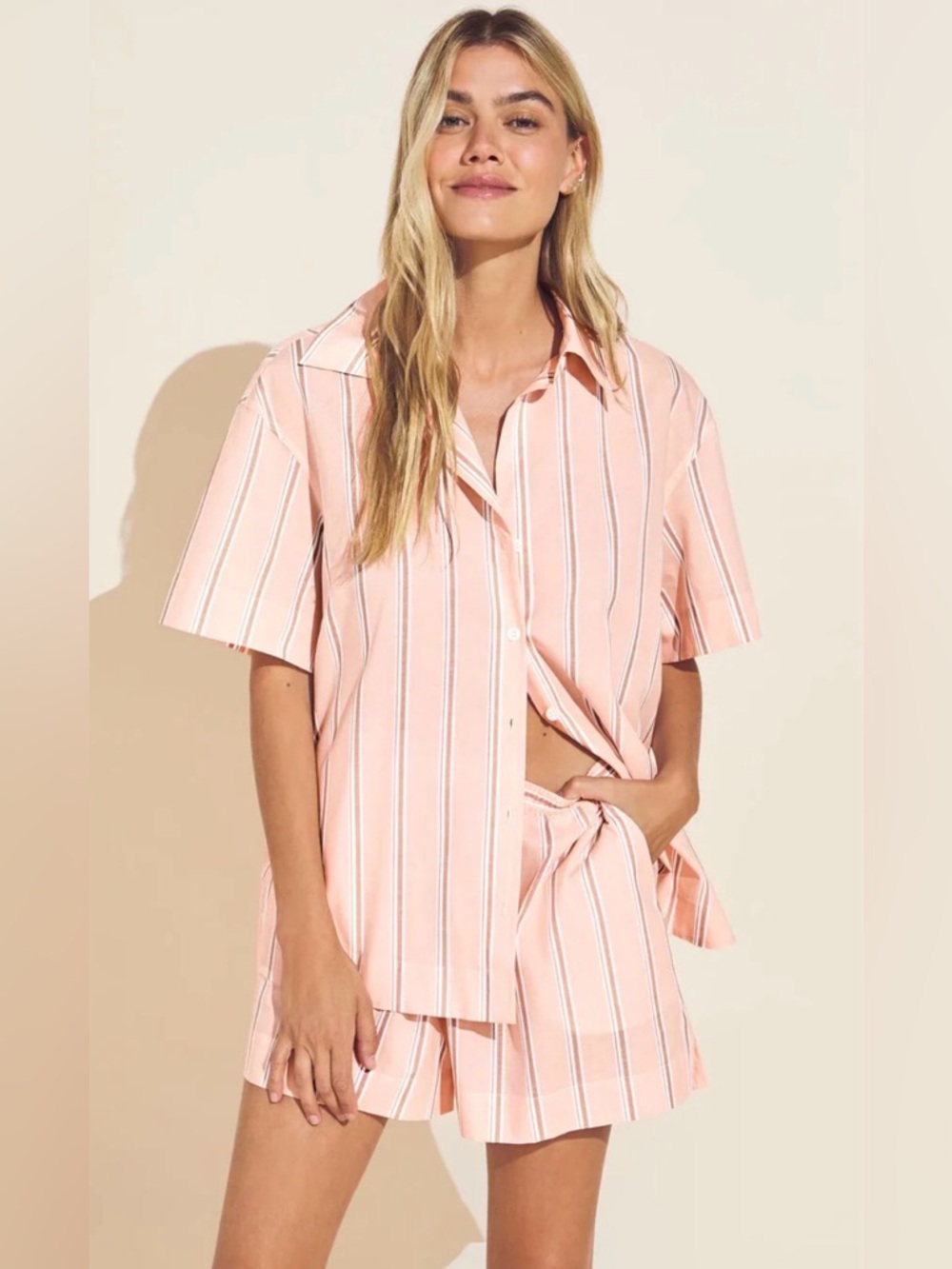Eberjey Striped Pink Button-Up Shirt & Shorts Set Small organic cotton